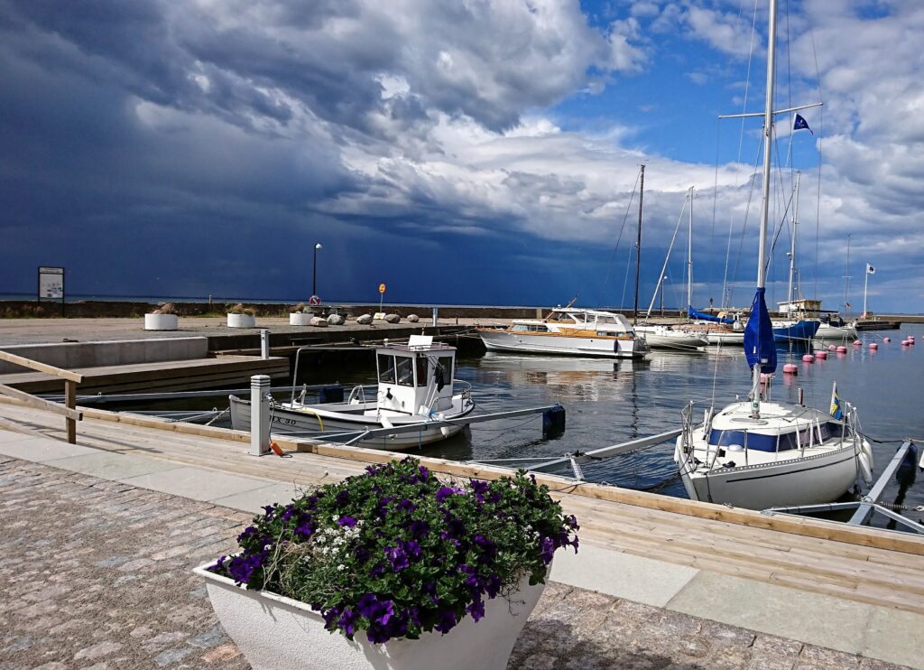 Kleiner Hafen: Segel- und Motorboote im Sonnenlicht, violette Blumenschale vorn, dunkle Gewitterwolken am Horizont