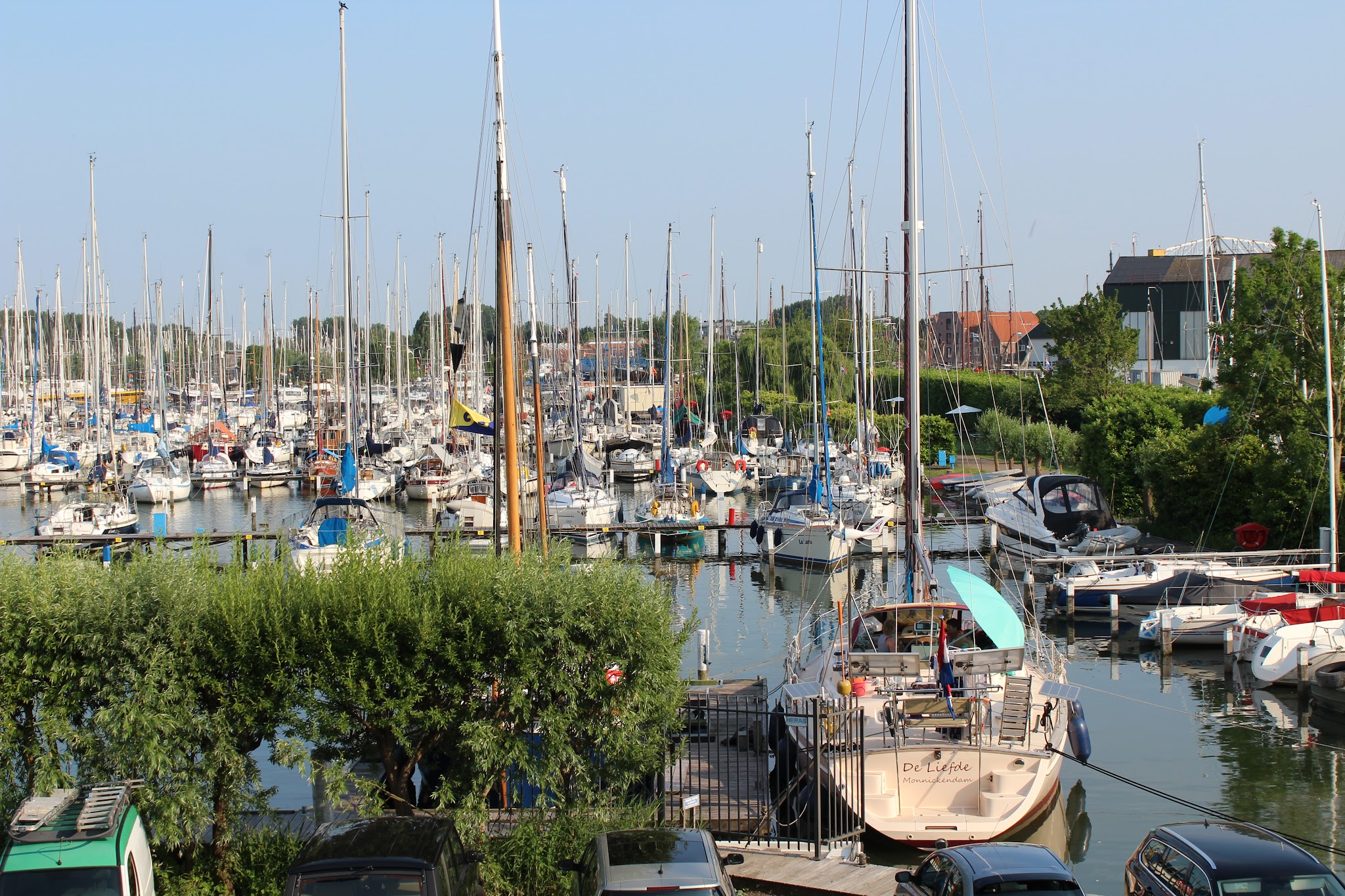 Dicht aneinander liegende Segelboote im sonnigen Yachthafen, unzählige Masten ragen vor blauem Himmel auf.