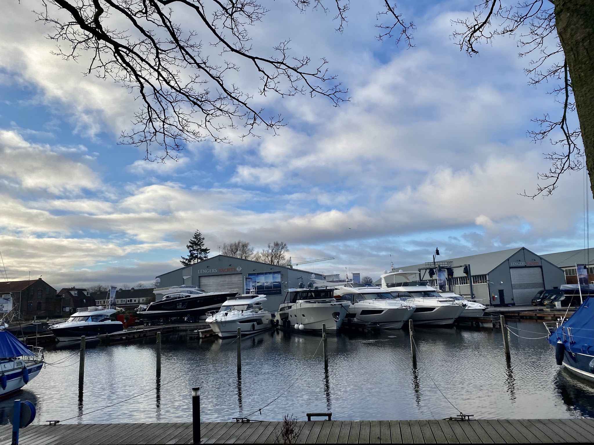 Yachthafen mit mehreren weißen Motoryachten vor Werkhallen, ruhiges Wasser, winterlich kahler Baum im Vordergrund