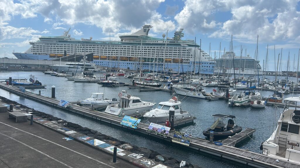 Kleine Segel- und Motorboote im Hafen; dahinter zwei riesige Kreuzfahrtschiffe unter teils bewölktem Himmel.