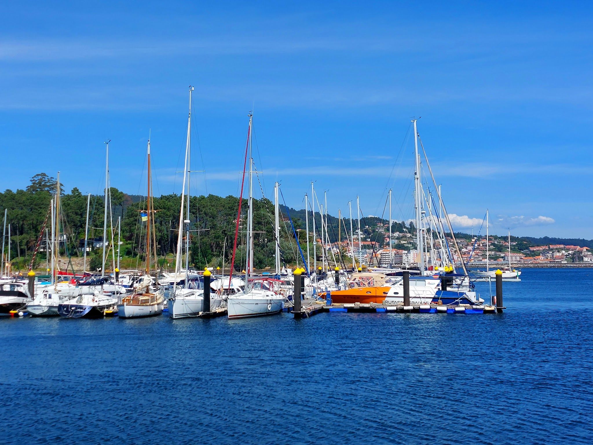 Segelboote im Yachthafen vor blauem Meer; grüner Hügel und Küstenstadt unter wolkenlosem Himmel im Hintergrund.