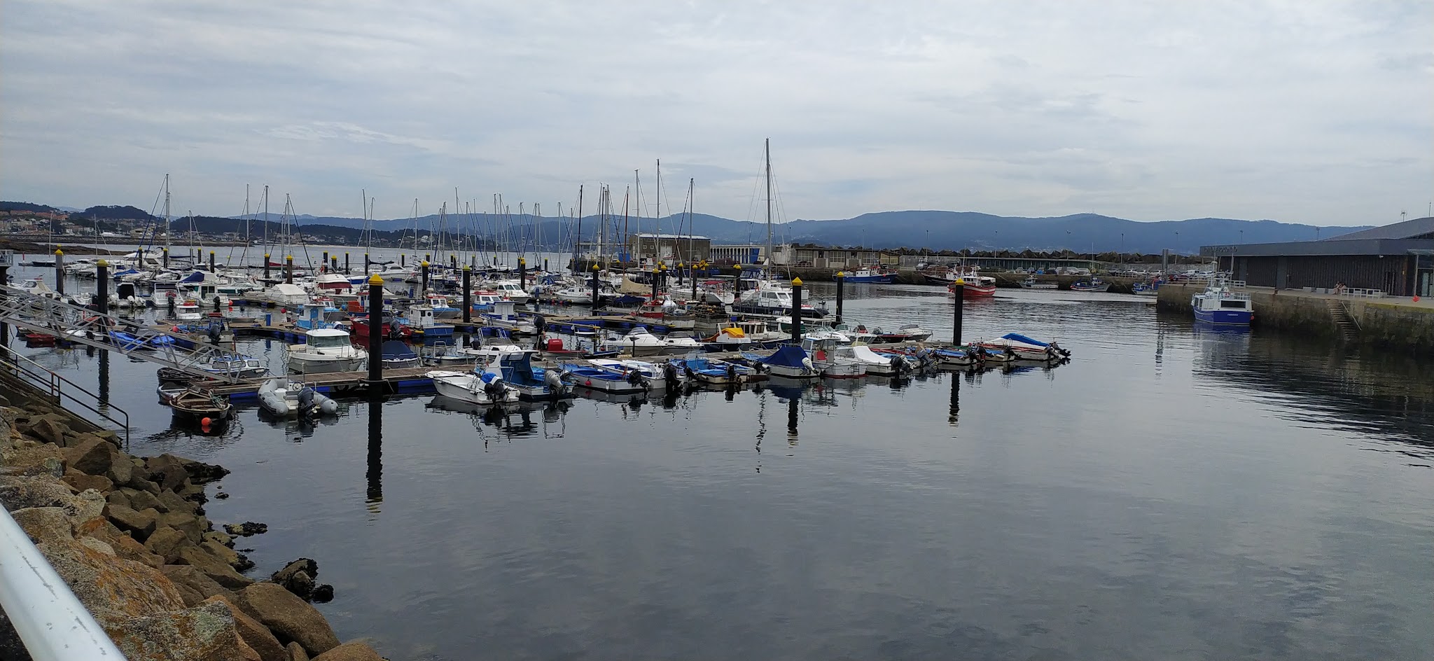 Ruhiger Yachthafen mit vielen kleinen Booten an Stegen, spiegelndes Wasser, ferne Berge unter bedecktem Himmel