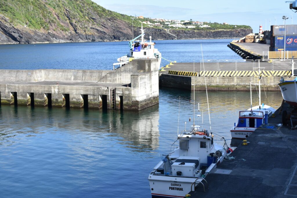 Kleiner Hafen mit zwei Fischerbooten am Pier, ruhiges blaues Wasser, grüne Felsküste im Hintergrund.
