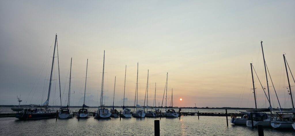 Reihe vertäuter Segelboote vor Steg, orange Sonne sinkt am ruhigen Wasserhorizont.