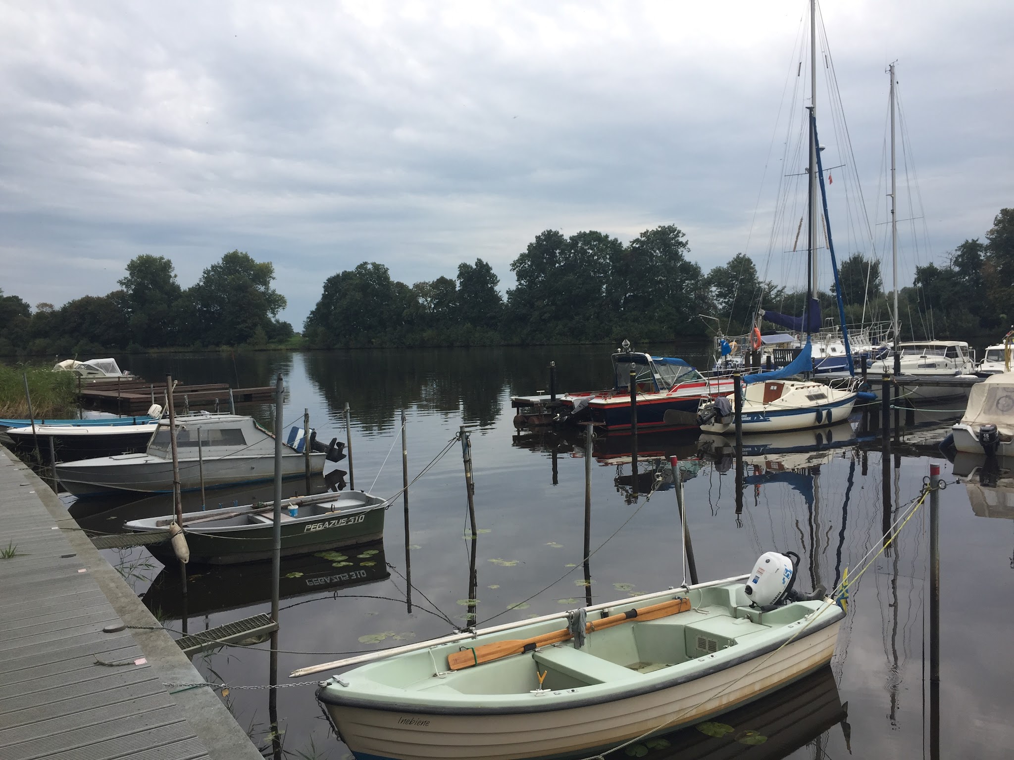 Kleine Marina; Segel- und Motorboote liegen am Steg, spiegeln sich im ruhigen Wasser vor Bäumen und grauem Himmel.