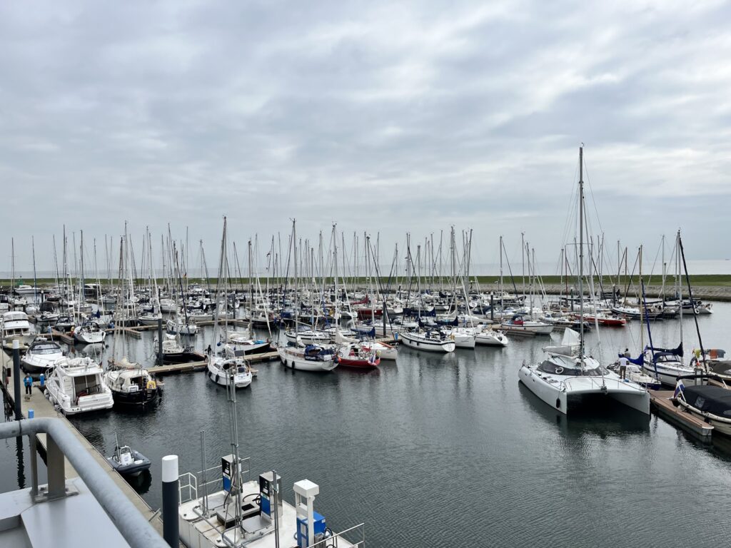 Dicht aneinandergereihte Segelboote im ruhigen Hafen; zahlreiche Masten vor bewölktem Himmel.
