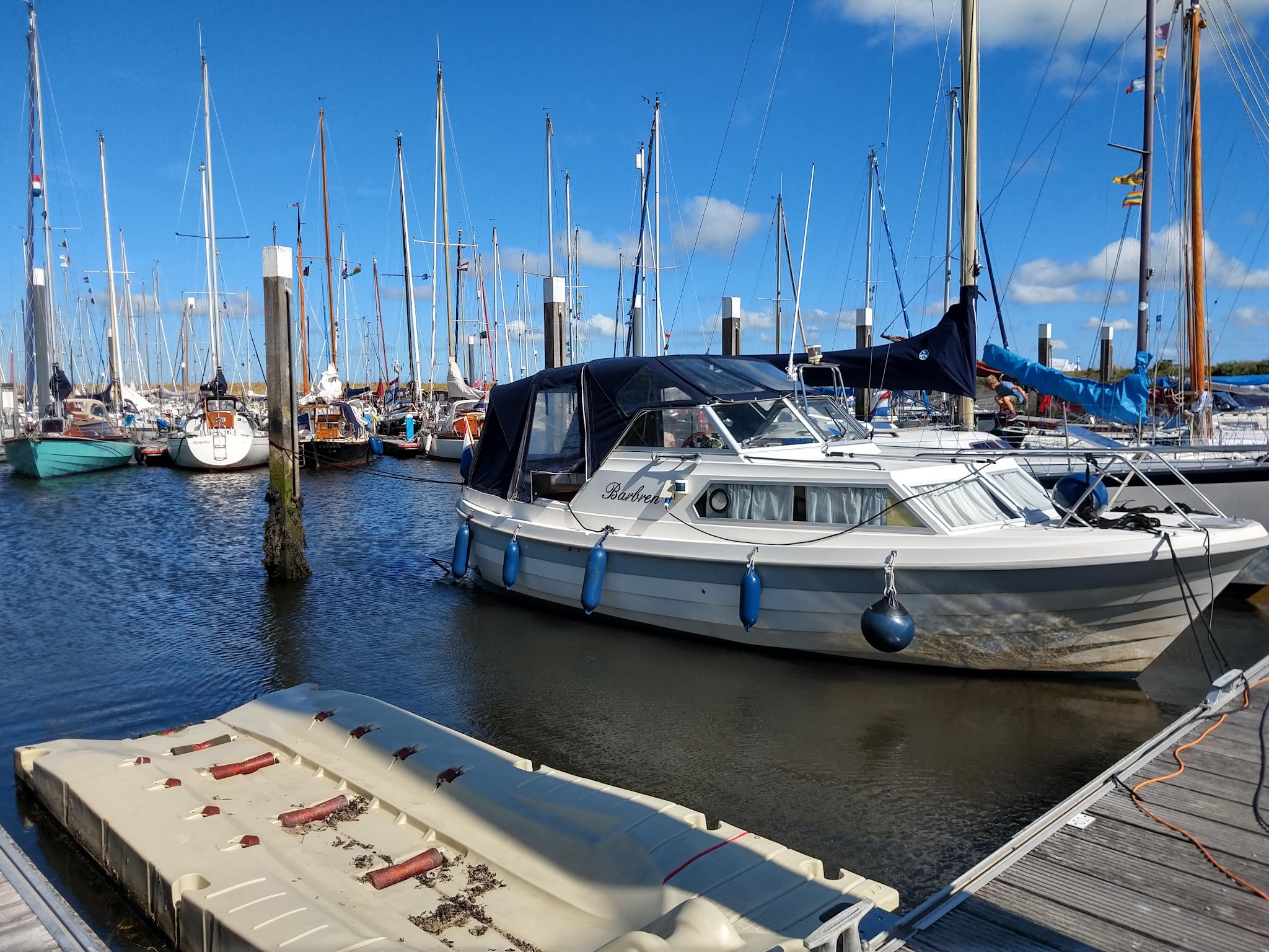 Weißes Motorboot am Steg, umgeben von zahlreichen Segelbooten im sonnigen Yachthafen; Kunststoff-Dock vorn.