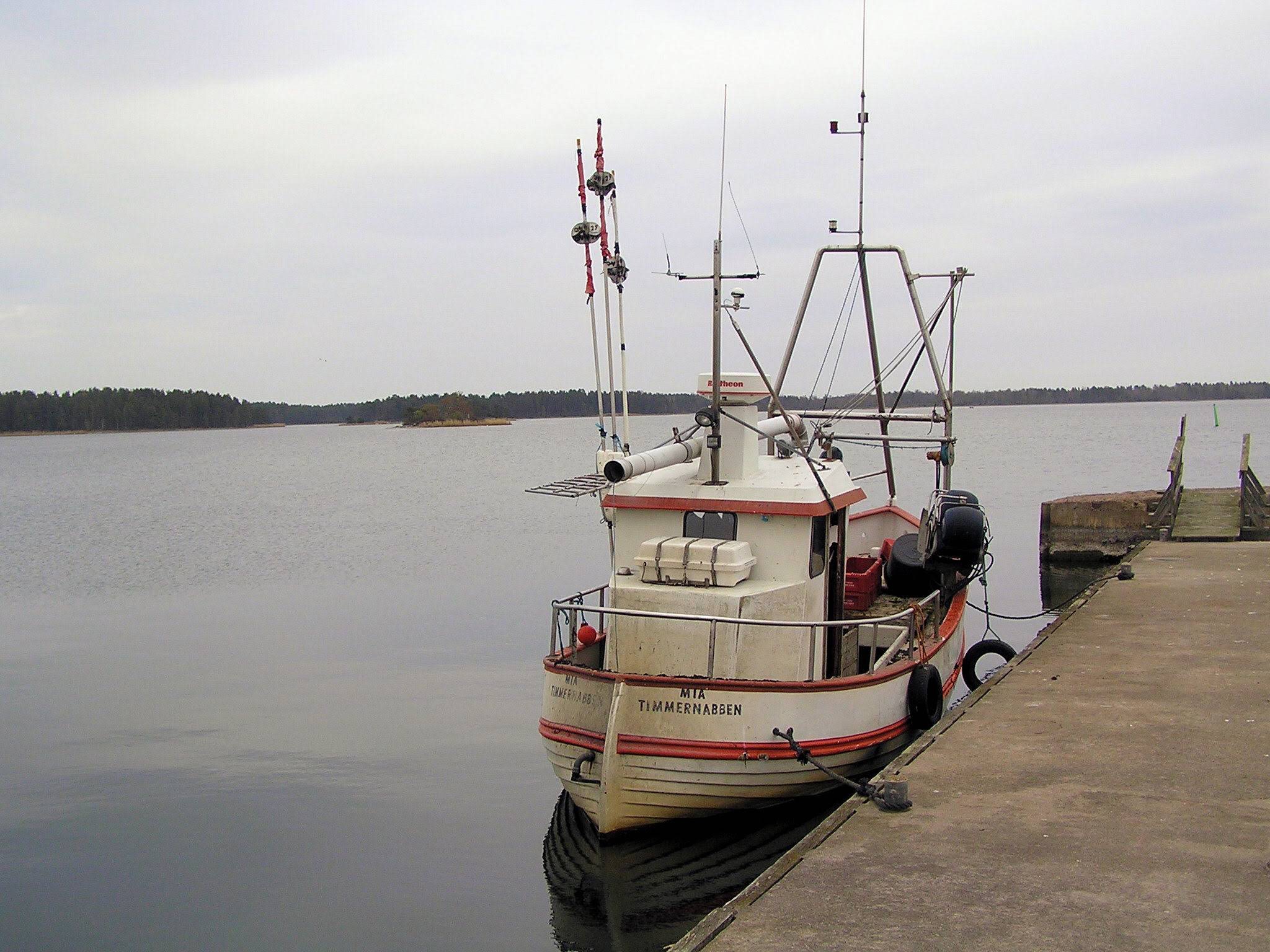 Kleines Fischerboot am Betonsteg, ruhiger See, bewaldetes Ufer im Hintergrund unter grauem Himmel