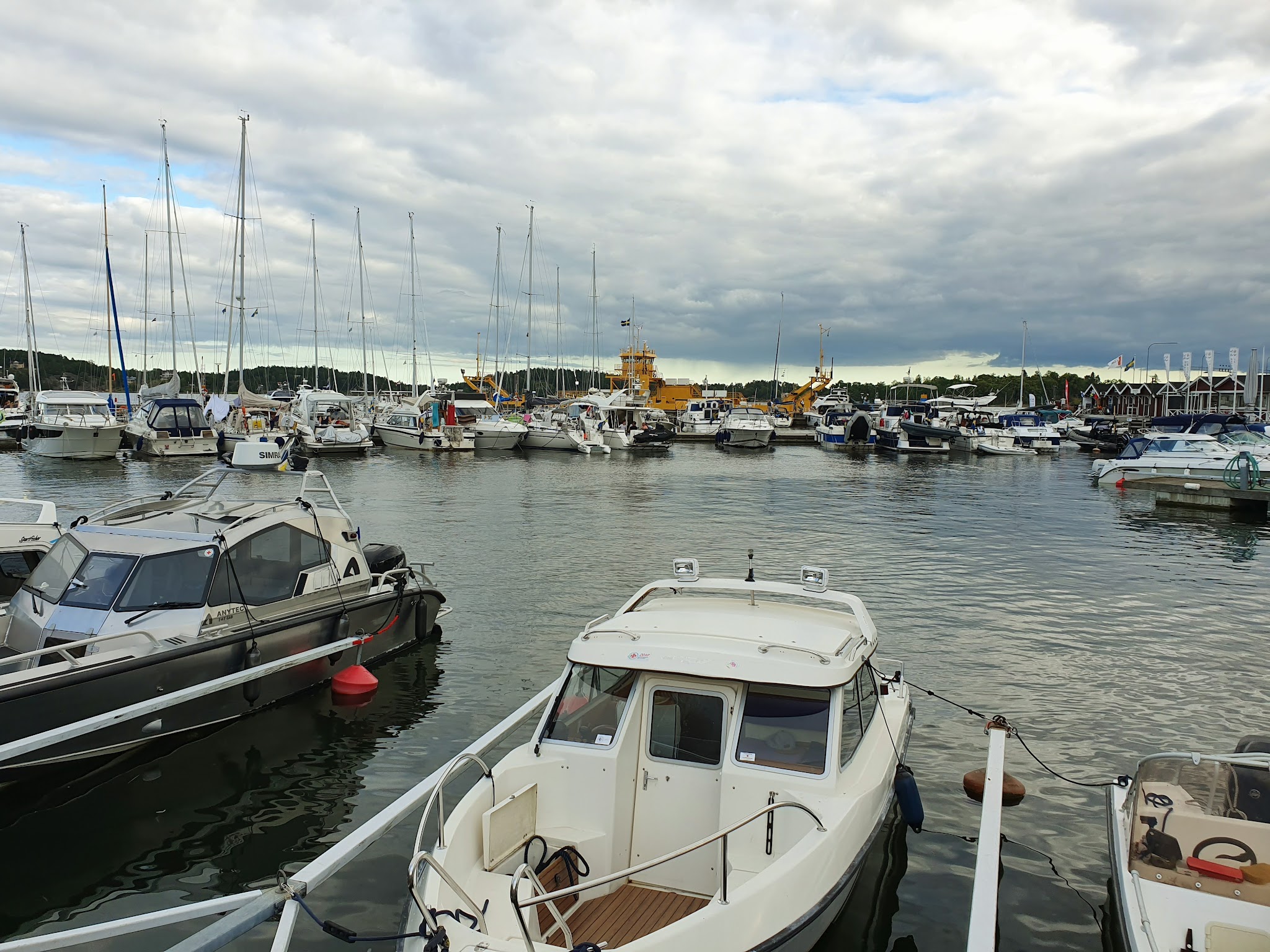 Viele Yachten und Boote liegen dicht im Hafen; ruhiges Wasser unter bewölktem Himmel.