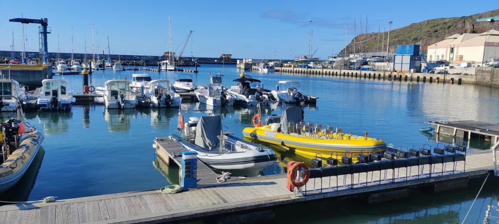 Ruhiger Jachthafen; mehrere Motorboote am Steg, vorn ein knallgelbes Ausflugsboot, klarer blauer Himmel